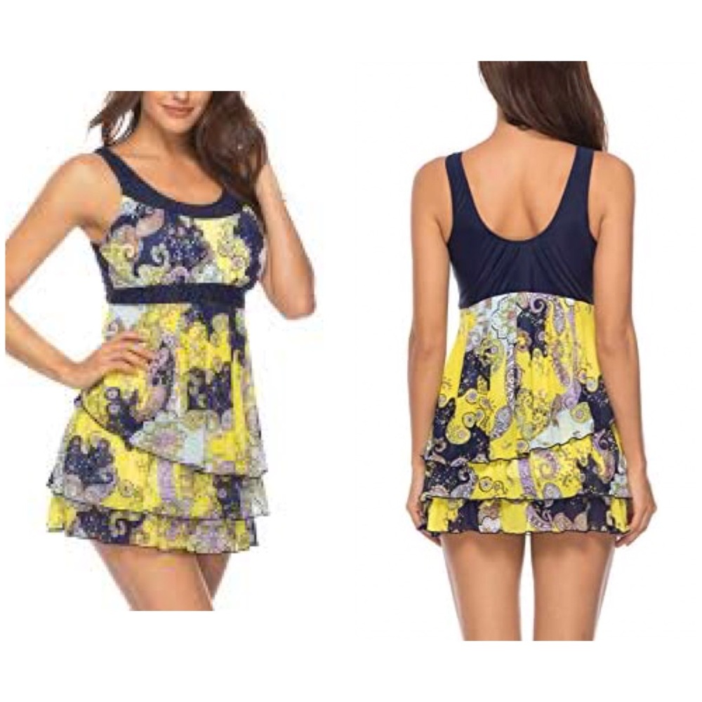 LADIES SZ SMALL NAVY BLUE & YELLOW PRINT SWIMDRESS/SWIMSUIT SET